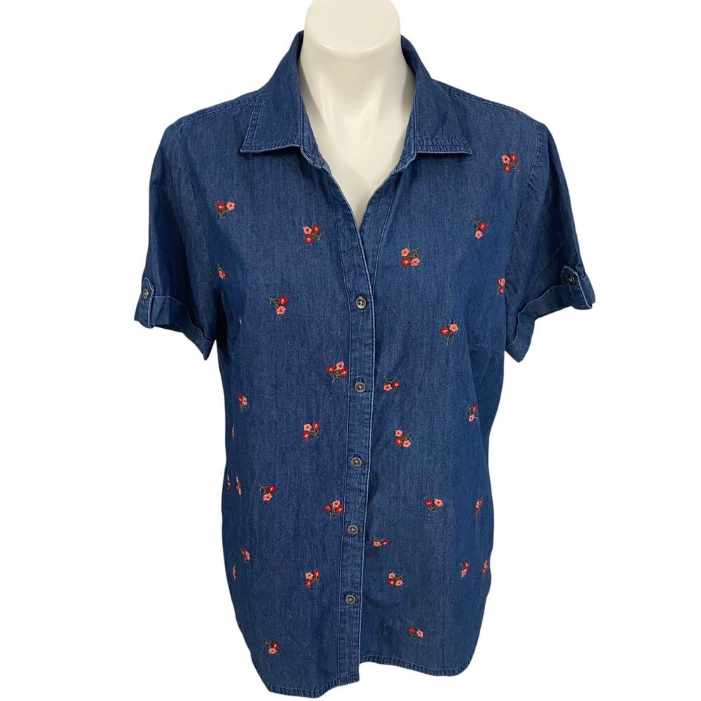 Karen Scott Shirt Womens Large Short Sleeve Top Embroidered Floral Chambray Vtg - Picture 13 of 16